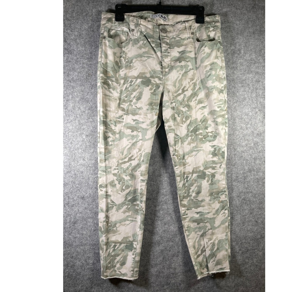 Code Bleu Wonderland Skinny Ankle Camo Jeans Green Tan 14P Raw Hem‎